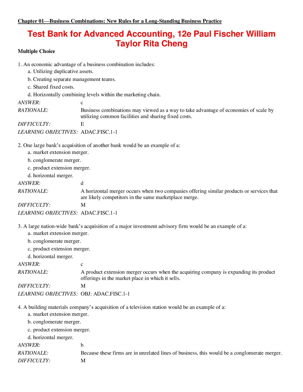 Test Bank for Advanced Accounting, 12th Edition by Paul Fischer William, Taylor Rita Cheng